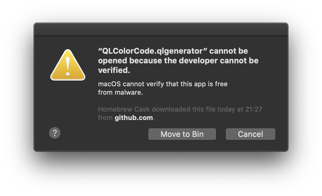 QLColorCode cannot be opened because the Developer cannot be verified.