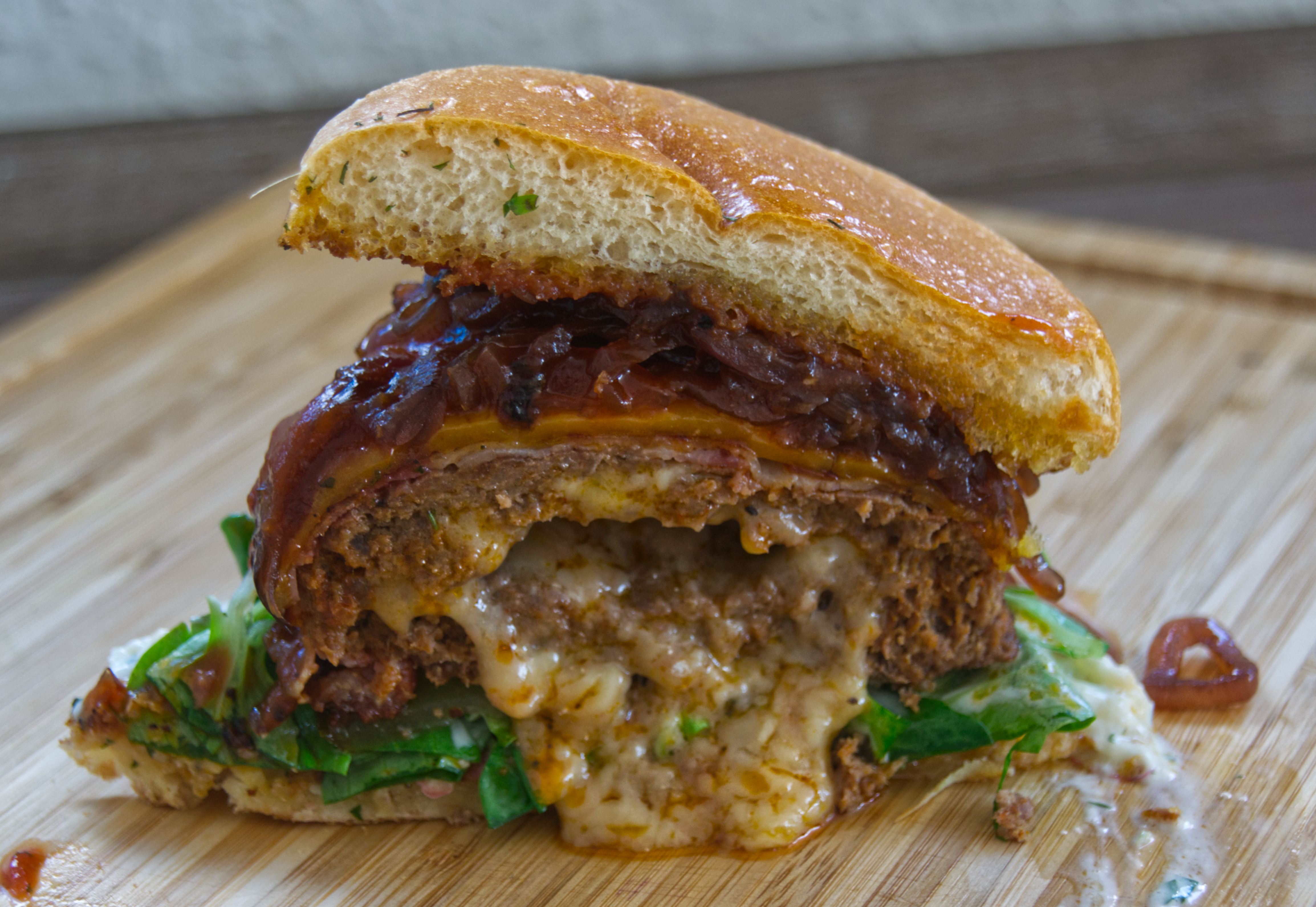Cheddar Bacon Bomb Burger with its melted cheese core. It tastes as good as it looks.
